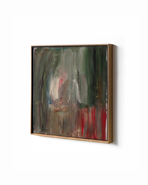 a large abstract canvas art hanging on the living room's wall